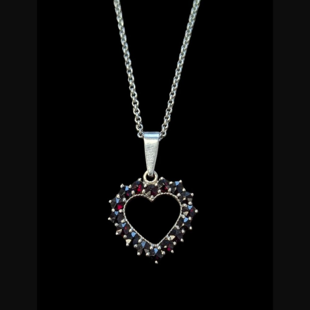 925 Sterling Silver Open Heart Red Crystal 1" Pendant On A 17.5" Chain Necklace